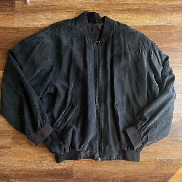 Vintage Quick Reflex 100% Silk Bomber Jacket Black Lightweight Zip Up Minimalist - Picture 2 of 8
